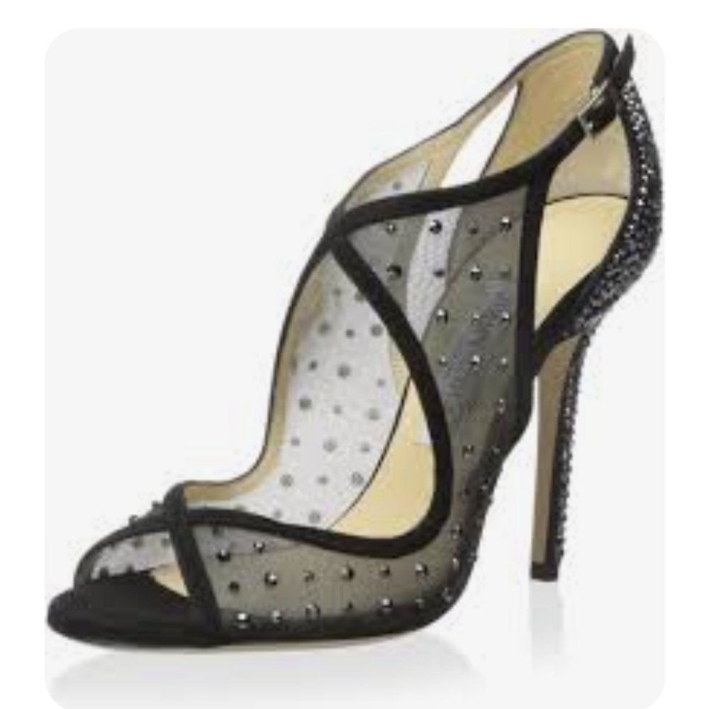 Jimmy Choo" Leondra" Black Suede& Semi- Sheer Mesh With Swarovski Crystals. 8.5 - Picture 11 of 16